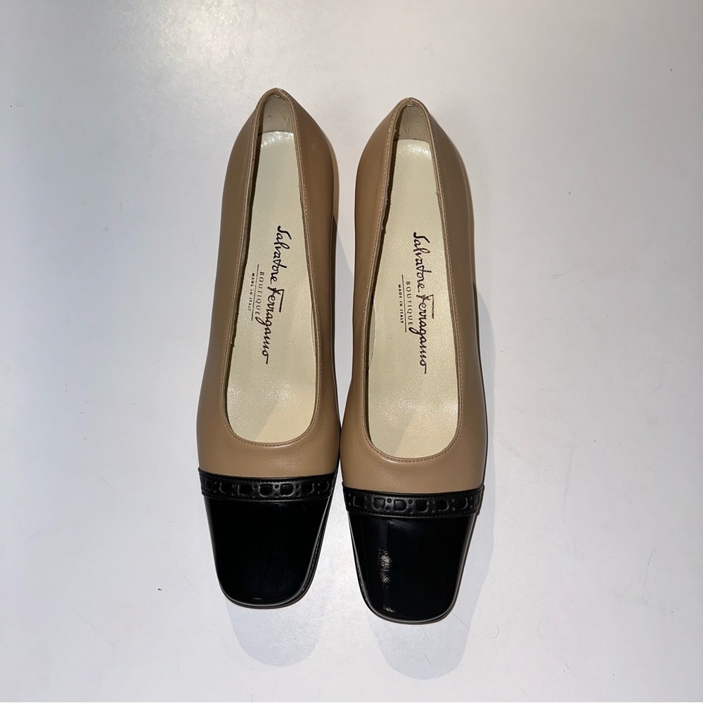 Vintage Salvatore Ferragamo Boutique Black Tan Leather Heels 5.5B Made in Italy